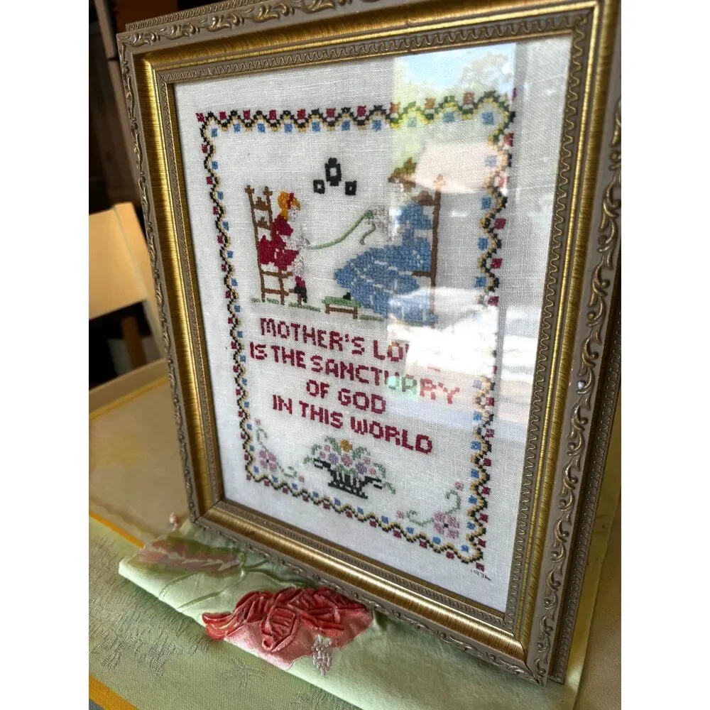Vintage framed 1936 Cross stitch/Needle Point Mother's Love